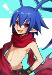  ! 1boy absurdres antenna_hair blue_hair demon_boy disgaea disgaea_d2 fingerless_gloves gloves highres himawari_(kawaisounaedesu) laharl looking_at_viewer navel open_mouth pointy_ears red_eyes red_scarf scarf smile solo topless_male 