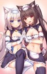  2girls :3 :d adapted_costume animal_ear_fluff animal_ear_legwear animal_ears apron artist_name bare_shoulders bell black_skirt blue_eyes blunt_bangs breasts brown_eyes brown_hair cat_ear_legwear cat_ears cat_girl cat_tail chestnut_mouth chocola_(nekopara) cleavage commentary crop_top detached_sleeves frilled_skirt frills garter_straps gloves grey_hair groin highres holding_hands interlocked_fingers jingle_bell kaptivate long_hair looking_at_viewer low_twintails maid maid_apron medium_breasts midriff miniskirt multiple_girls name_tag navel nekopara open_mouth parted_lips puffy_detached_sleeves puffy_sleeves revision sitting skirt slit_pupils small_breasts smile tail thighhighs twintails vanilla_(nekopara) very_long_hair white_gloves white_thighhighs zettai_ryouiki 