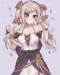  1girl bare_shoulders belt black_belt breasts cleavage commentary cowboy_shot dress english_commentary fire_emblem fire_emblem_awakening fire_emblem_heroes flower grey_eyes grey_hair hair_flower hair_ornament highres long_hair looking_at_viewer medium_breasts off-shoulder_dress off_shoulder official_alternate_costume petals pink_flower purrlucii robin_(female)_(fire_emblem) robin_(female)_(valentine)_(fire_emblem) robin_(fire_emblem) short_sleeves solo standing twintails very_long_hair white_dress 