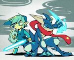  1boy ahoge aqua_eyes aqua_hair aqua_pants belt blue_belt blue_footwear blue_headwear blue_shirt blue_sleeves blue_theme blue_tunic boots closed_mouth cloud commentary_request expressionless greninja hand_on_ground holding holding_shield holding_sword holding_weapon link long_sleeves long_tongue master_sword outstretched_hand pants pointy_ears pointy_hair pokemon pokemon_(creature) red_scarf scarf shadow shield shirt short_hair squatting super_smash_bros. sword teijiro the_legend_of_zelda tongue toon_link v-neck weapon webbed_feet webbed_hands white_background 