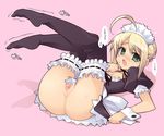  ahoge artoria_pendragon_(all) blonde_hair censored fate/stay_night fate_(series) flat_chest green_eyes hairband kotamaru_(pajama_soft) maid nipples no_panties open_clothes open_mouth pussy saber solo tears thighhighs toe-point upskirt 