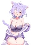  1girl absurdres ahoge animal_ear_fluff animal_ears breasts cat_ears cat_girl cat_tail cleavage commentary_request highres hololive ineka_ka jacket large_breasts looking_at_viewer medium_hair navel nekomata_okayu nekomata_okayu_(7th_costume) official_alternate_costume open_mouth partially_unzipped purple_eyes purple_hair purple_jacket purple_nails purple_shirt purple_shorts shirt shorts simple_background solo symbol_in_eye tail virtual_youtuber white_background 