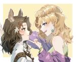  2girls :d animal_ears bare_shoulders blonde_hair blonney blush border bracelet brown_hair deer_ears deer_girl duang_(zhngy64049365) earrings eye_contact face-to-face flower food food_in_mouth green_eyes grey_sports_bra hair_flower hair_ornament hair_over_shoulder hand_on_another&#039;s_chin highres jacket jessica_(reverse:1999) jewelry kabedon long_hair looking_at_another medium_hair multiple_girls off_shoulder outside_border pocky pocky_in_mouth profile purple_eyes purple_jacket reverse:1999 shirt smile sports_bra teeth upper_body white_border white_flower white_shirt yellow_background yuri 