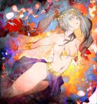  1girl abstract_background armlet ass bare_arms bare_legs bikini black_ribbon blue_eyes breasts collar earrings floating gold gold_bikini grey_hair headpiece highres jewelry long_hair looking_at_viewer medium_breasts multicolored_background multicolored_hair navel neck_ribbon open_mouth original outstretched_arms pelvic_curtain purple_skirt red_hair ribbon sideboob sideless_outfit skirt solo staring streaked_hair swimsuit thighs toi8 twintails two-tone_hair underboob white_collar 