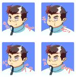  1boy :t asymmetrical_horns bara black_hair blank_stare cheek_bulge collared_jacket eating expressions facial_hair fiery_horns forked_eyebrows goatee horns jacket looking_ahead male_focus mismatched_horns pointy_ears portrait ragi_san_(ononokomachiimo) scar scar_on_face scar_on_nose short_hair slit_pupils tokyo_afterschool_summoners wavy_mouth yoritomo_(housamo) 