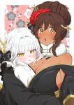  2girls 777_(nikke) animal_ears black_bow blanc_(nikke) blanc_(white_rabbit)_(nikke) blush bow breast_pillow breasts brown_hair dark-skinned_female dark_skin fake_animal_ears fake_horns floral_background flower frills goddess_of_victory:_nikke hair_ornament head_on_chest highres holding horns huge_breasts japanese_clothes kimono large_breasts looking_at_viewer multicolored_clothes multiple_girls niki_(nikism1987) noir_(black_rabbit)_(nikke) noir_(nikke) open_mouth siblings sisters two-tone_kimono white_hair yellow_eyes 