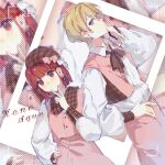  1boy 1girl anamnesis123 arima_kana beret blonde_hair blue_eyes bob_cut brown_headwear closed_mouth dress happy_valentine hat hat_ribbon hoshino_aquamarine inverted_bob oshi_no_ko pink_dress pink_ribbon red_eyes red_hair ribbon shirt short_hair valentine white_shirt 