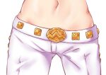  1girl asake_ameji belt belt_buckle buckle commentary_request horse_girl midriff mr._c.b._(umamusume) navel navel_focus pants simple_background solo umamusume white_background white_belt white_pants 