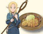  1girl absurdres blonde_hair blue_capelet blue_robe book braid capelet choker closed_mouth commentary dated dungeon_meshi elf food green_eyes highres holding holding_staff marcille_donato meat multiple_braids plate pointy_ears red_choker robe solo staff y.kami_nao/take 