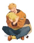  1boy black_pants blonde_hair blush closed_eyes crossover dog granblue_fantasy higashigunkan hood hood_down hoodie indian_style male_focus orange_hoodie pants pillow pompompurin sanrio short_hair simple_background sitting slippers smile socks vane_(granblue_fantasy) white_background yellow_socks 