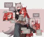 2girls :o absurdres animal_ears arknights artist_name black_pantyhose black_shorts black_sweater blush box choker closed_eyes closed_mouth collarbone collared_shirt commentary dated dated_commentary dress_shirt english_text fox_ears fox_girl fox_tail frostleaf_(arknights) gift gift_box grey_hair grey_necktie grey_pants grey_sweater_vest heart highres hug looking_at_another multiple_girls necktie open_mouth pants pantyhose pantyhose_under_shorts pointy_ears red_eyes shirt shorts sidelocks smile sweater sweater_vest tail togekk0 torn_clothes torn_pantyhose valentine vigna_(arknights) white_shirt yuri 