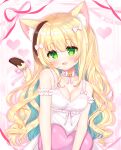  1girl :d absurdres animal_ear_fluff animal_ears bare_shoulders bell blonde_hair blue_hair blush breasts brown_eyes cat_ears cat_girl cat_tail choker cleavage collarbone commentary_request dress green_eyes hair_between_eyes head_tilt heart highres jingle_bell looking_at_viewer medium_breasts multicolored_hair neck_bell original pink_choker shikito sleeveless sleeveless_dress smile solo streaked_hair tail two-tone_hair valentine white_dress 