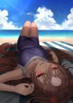  1girl animal_ears arm_at_side arm_rest arm_up beach beach_towel breasts brown_hair cleavage commentary_request day fingernails foreshortening hair_between_eyes highres horse_ears horse_girl horse_tail knees_up light_smile long_hair looking_at_viewer lying medium_breasts motsushi multicolored_hair ocean on_back one-piece_swimsuit outdoors parted_lips red_eyes ringed_eyes sand shade signature sirius_symboli_(umamusume) solo sweat swimsuit tail tan towel tracen_swimsuit umamusume v-shaped_eyebrows very_long_hair water watermark 