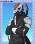 anthro argonian armor bethesda_softworks black_body blue_eyes blue_sclera bottomwear clothed clothing coat cosmic_noodle digital_media_(artwork) feather_hair feathers hi_res horn looking_at_viewer male markings melee_weapon musical_instrument pseudo_hair scalie smile solo tail the_elder_scrolls topwear weapon white_markings