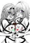  2girls :d armpit_crease blue_eyes blue_pupils blush breast_press chocolate chocolate_on_body chocolate_on_breasts firefly_(honkai:_star_rail) food_on_body gradient_eyes greyscale hair_between_eyes hair_intakes hairband heart heart_hands highres honkai:_star_rail honkai_(series) like_and_retweet long_hair looking_at_viewer march_7th_(honkai:_star_rail) medium_hair monochrome multicolored_eyes multiple_girls naked_ribbon nose_blush one_eye_closed one_side_up open_mouth purple_eyes ribbon rum_rum_rumine sidelocks smile spot_color sweat symmetrical_docking tongue tongue_out twitter_username upper_body yuri 
