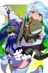  1girl archeopteryx boots brontosaurus colored_inner_hair cropped_jacket dinosaur echo_(circa) fate/grand_order fate_(series) glasses gloves green_eyes green_hair grin jacket kukulkan_(fate) kukulkan_(second_ascension)_(fate) leotard long_hair long_sleeves looking_at_viewer multicolored_hair pterosaur shrug_(clothing) sidelocks smile tepeu_(fate) thigh_boots thighs tyrannosaurus_rex white_footwear white_gloves white_hair white_jacket white_leotard xquic_(fate) 