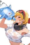  1girl armpits blonde_hair bottle drinking earrings eyewear_on_head galon_(kaela_kovalskia) highres hololive hololive_indonesia jewelry kaela_kovalskia midriff popo_(popo0cat) red_eyes scarf see-through see-through_shirt shirt simple_background solo steam steaming_body sunglasses sweat sweaty_clothes tied_shirt upper_body virtual_youtuber water water_bottle wet wet_clothes white_background white_shirt 