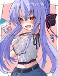  1girl arms_under_breasts belt black_belt black_bow blue_hair blue_skirt blush border bow breasts commentary_request covering_breasts covering_privates embarrassed food frilled_sleeves frills from_behind hair_between_eyes hair_bow hair_bun hair_ribbon highres large_breasts long_hair looking_at_viewer looking_back midriff nemona_(nemona168) open_mouth outside_border pink_background pink_ribbon red_eyes ribbon see-through_clothes see-through_shirt shaved_ice shirt short_sleeves sidelocks simple_background single_hair_bun skirt solo sorakado_ao summer_pockets v-shaped_eyebrows very_long_hair wet wet_clothes wet_hair white_border white_shirt 