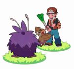  1boy backpack bag bandaged_head bandages black_eyes black_shirt brown_hair closed_mouth crying farfetch&#039;d food grass hat highres holding holding_food holding_spring_onion holding_vegetable male_focus orange_bag pants pokemon pokemon_(creature) pokemon_frlg red_(pokemon) red_hat red_vest shirt shoes short_hair short_sleeves spring_onion standing streaming_tears sweat t-shirt tears tyako_089 vegetable venonat vest wristband 