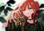  1girl black_choker blurry bocchi_the_rock! brown_shirt choker commentary_request depth_of_field film_grain highres juppa_sento kita_ikuyo long_hair looking_at_viewer one_side_up open_mouth red_hair shirt solo yellow_eyes 