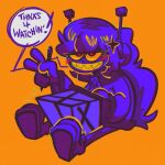  1girl blush box bug_(glitchx) colored_sclera colored_teeth dot_nose double-parted_bangs drawing_tablet english_commentary english_text evil_grin evil_smile fewer_digits glitch_productions glitchx grin hair_ornament holding holding_stylus jacket long_hair long_sleeves michellezh3ng orange_background red_eyes sharp_teeth shoes sidelocks simple_background sitting smile solo stylus teeth thank_you toon_(style) turtleneck turtleneck_jacket very_long_hair yellow_sclera yellow_teeth zipper_pull_tab 