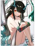  1girl absurdres arknights black_hair breasts colored_skin commentary completely_nude dragon_girl dragon_horns dragon_tail dusk_(arknights) earrings hair_over_one_eye highres horns hugging_own_legs jewelry kei11525 long_hair looking_at_viewer medium_breasts multicolored_hair nude pointy_ears red_eyes solo streaked_hair tail tassel tassel_earrings 