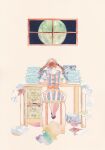  1girl abstract belt belt_bow blue_shoes braid brown_hair chair collared_shirt commentary_request dress envelope facing_away from_behind full_moon highres indoors masking_tape_(medium) medium_hair mixed_media moon night night_sky on_chair orange_belt original paper_stack pinafore_dress quill se_bone0627 shirt shoes short_sleeves sky sleeveless sleeveless_dress solo star_(sky) striped_clothes striped_dress traditional_media twin_braids unconventional_media vertical-striped_clothes vertical-striped_dress white_background white_shirt window 