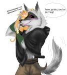 affectionate animalartist18 anthro arm_tuft arm_wrapping arm_wraps belt blush boots bottomwear canid canine canis chest_tuft claws cloak clothing daww death_(puss_in_boots) dialogue domestic_cat dreamworks duo ears_down elbow_tuft eyes_closed facial_markings fangs felid feline felis fluffy fluffy_tail footwear fur fuzzy grey_body grey_fur hand_on_head happy head_markings hi_res holding_another hug inner_ear_fluff looking_at_another love male male/male mammal markings mask_(marking) motion_lines neck_tuft nuzzling orange_body orange_fur pants pivoted_ears pointy_ears poncho prick_ears purring puss_in_boots_(dreamworks) puss_in_boots_(franchise) red_eyes shoes sickle simple_background size_difference smile speech_bubble standing tabby_cat tail teeth text tuft weapon_holster whiskers white_background wolf wrapped_arms wraps