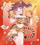  1girl animal_ears animal_hands animal_print bangs blue_eyes choker crop_top facial_mark fake_animal_ears feet_out_of_frame gloves hands_up heart heart_choker highres kouhaku_nawa lee_roha mugimugigo nijisanji nijisanji_kr one_eye_closed open_mouth paw_gloves red_hair rope shimenawa short_hair shorts solo tail tiger_ears tiger_print tiger_tail twintails twitter_username virtual_youtuber whisker_markings 