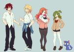  111nuaywwa 2boys 2girls :d anna_(epic_battle_fantasy) black_bow black_bowtie black_pants black_shoes blonde_hair blue_cat blue_eyes bow bowtie breasts brown_pantyhose brown_shoes cardigan cat clothes_around_waist coke-bottle_glasses collared_shirt earrings epic_battle_fantasy flat_chest full_body glasses green_eyes green_hair grey_background hair_bobbles hair_ornament hairclip hand_in_pocket hand_on_own_hip highres jacket jacket_around_waist jewelry lance_(epic_battle_fantasy) large_breasts long_hair matt_(epic_battle_fantasy) miniskirt multiple_boys multiple_girls natalie_(epic_battle_fantasy) nolegs_(epic_battle_fantasy) one_side_up orange_hair pants pantyhose partially_unbuttoned pink_nails plaid_clothes plaid_skirt red_bow red_bowtie red_eyes red_hair school_uniform shirt shoes simple_background skirt smile thighhighs waving white_shirt white_shoes white_thighhighs 