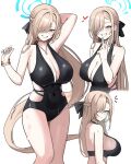  1girl alternate_costume alternate_hairstyle arm_behind_head arm_up asuna_(blue_archive) black_one-piece_swimsuit blue_archive blue_eyes blue_halo blush braid breasts brown_hair casual_one-piece_swimsuit cleavage commentary_request covered_navel hair_over_one_eye half_up_braid halo heart highres large_breasts long_hair looking_at_viewer mole mole_on_breast multiple_views o-los one-piece_swimsuit simple_background smile swimsuit thighs v very_long_hair wet white_background 
