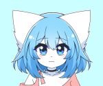  1girl :3 animal_ears bare_shoulders black_choker blue_background blue_eyes blue_hair blush bob_cut choker closed_mouth collarbone commentary dot_nose english_commentary furry furry_female hair_between_eyes highres indie_virtual_youtuber light_blush looking_at_viewer off-shoulder_shirt off_shoulder outline pink_shirt portrait shirt short_hair simple_background single_bare_shoulder smile solo thick_eyelashes virtual_youtuber white_fur white_outline wolf_ears wolf_girl wolfychu wolfychu_(artist) 