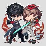  2boys akechi_gorou amamiya_ren black_coat black_eyes black_pants brown_hair chibi chibi_only closed_mouth coat crow_(persona_5) curly_hair domino_mask full_body gloves holding holding_mask holding_sword holding_weapon jacket joker_(persona_5) looking_at_viewer male_focus mask multiple_boys ore_iuse pants persona persona_5 red_eyes red_gloves red_mask smile sword weapon white_jacket white_pants 