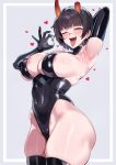  1girl absurdres alternate_costume areola_slip armpits asymmetrical_horns black_gloves black_leotard black_thighhighs blue_archive blush breasts broken_horn covered_navel covered_nipples demon_girl demon_horns earrings elbow_gloves fellatio_gesture gloves heart highleg highleg_leotard highres hoop_earrings horns jewelry large_breasts leotard looking_at_viewer mixed-language_commentary mole mole_under_eye niya_(blue_archive) ok_sign one_eye_closed open_mouth orange_eyes outside_border red_horns saliva saliva_trail short_hair skindentation sleeveless_turtleneck_leotard smile solo tai_mian_meng_meng thick_thighs thighhighs thighs tongue tongue_out 