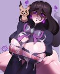  1girl absurdres alternate_breast_size black_dress black_hair blush bottomless breasts brooch commentary cum cum_on_body cum_on_breasts cum_on_clothes double-parted_bangs dress earrings english_commentary facial glowing glowing_eyes hair_between_eyes heart hex_maniac_(pokemon_legends:_z-a) highres huge_breasts jewelry large_earrings lipstick long_hair long_sleeves looking_down makeup mimikyu nipples parted_lips pokemon pokemon_(creature) pokemon_legends:_z-a purple_background purple_eyes purple_lips purple_pupils purple_ribbon raised_inner_eyebrows ribbon shaded_face simple_background sphere_earrings sweat sweaty_breasts torn_clothes torn_dress very_sweaty victor_(victorqe_7) 