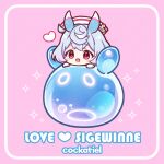  1girl artist_name blue_hair blush character_name chibi chibi_only commentary_request genshin_impact hair_between_eyes hat heart melusine_(genshin_impact) nurse_cap open_mouth pink_background red_eyes sally_(pacch0614) sigewinne_(genshin_impact) solo 