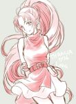  1girl arm_behind_back bare_arms bare_legs belt character_name copyright_name dress fingerless_gloves fire_emblem fire_emblem:_thracia_776 gloves lara_(fire_emblem) long_hair looking_at_viewer ponytail smile usachu_now 