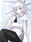  1230_mochi 1girl arm_behind_back ascot black_ascot black_pantyhose blue_eyes blunt_ends blush breasts commentary_request feet_out_of_frame hair_between_eyes hair_ornament hairclip hand_up highres holding holding_umbrella long_hair looking_at_viewer medium_breasts midriff_peek miniskirt naruse_shiroha outline pantyhose parallel_hairclips parted_lips puffy_short_sleeves puffy_sleeves ringed_eyes sailor_collar school_uniform serafuku shirt short_sleeves sidelocks simple_background sitting skirt solo straight_hair summer_pockets summer_pockets_school_uniform umbrella under_umbrella very_long_hair white_background white_hair white_outline white_sailor_collar white_serafuku white_shirt white_skirt 