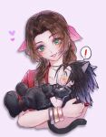  ! 1boy 1girl aerith_gainsborough animal_ears armor baggy_pants bangle black_gloves black_hair blue_eyes blush bracelet brown_hair carrying carrying_person cat_ears cat_tail choker commentary crisis_core_final_fantasy_vii cropped_torso cross_scar earrings final_fantasy final_fantasy_vii final_fantasy_vii_rebirth final_fantasy_vii_remake gloves green_eyes hair_ribbon heart highres jacket jewelry looking_at_another open_mouth pants parted_bangs pink_ribbon purple_background red_jacket ribbon scar scar_on_cheek scar_on_face shima_changa shoulder_armor sidelocks spiked_hair spoken_exclamation_mark stud_earrings symbol-only_commentary tail upper_body zack_fair 