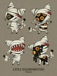 artist_name bandaged_head bandages bow character_name colored_sclera english_text extra_eyes maniani monster multiple_views mummy mummy_costume no_humans open_mouth original red_bow red_eyes sharp_teeth simple_background tail teeth yellow_eyes yellow_sclera 