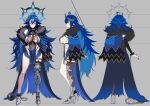  1girl absurdres ahoge armored_boots ball_and_chain_restraint black_bridal_gauntlets blue_cape blue_hair blue_nails blue_wings boots breasts bridal_gauntlets broken_horn brown_eyes cape chain closed_mouth collar cuffs feather_boa feathered_wings hair_between_eyes halo hand_on_own_hip highres hominamia horns indie_virtual_youtuber leotard low_wings metal_collar mole mole_on_breast multiple_views oumiya_emma oumiya_emma_(2.0) pelvic_curtain pointy_ears second-party_source see-through_clothes see-through_leotard single_thigh_boot single_thighhigh smile thigh_boots thighhighs tiara torn_clothes torn_leotard two-sided_fabric virtual_youtuber white_background wings 