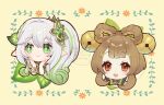  2girls artist_name bell blush bow-shaped_hair bracelet brown_hair chibi chibi_only closed_mouth commentary_request cropped_torso genshin_impact gradient_hair green_eyes green_hair hair_bell hair_between_eyes hair_ornament hands_up jewelry jingle_bell leaf_hair_ornament long_hair multicolored_hair multiple_girls nahida_(genshin_impact) open_mouth orange_eyes pointy_ears side_ponytail smile star-shaped_pupils star_(symbol) streaked_hair symbol-shaped_pupils teeth toro_astro upper_teeth_only white_hair yaoyao_(genshin_impact) 