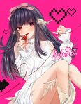  1girl absurdres au_ra bare_shoulders black_hair bow breasts clothing_cutout commentary dragon_girl dragon_horns dragon_tail dress final_fantasy final_fantasy_xiv fliz_ts hair_bow heart heart_of_string heterochromia highres horns long_hair looking_at_viewer pink_background pixel_heart purple_eyes red_eyes red_nails scales shoulder_cutout signature solo string string_of_fate symbol-only_commentary tail warrior_of_light_(ff14) white_dress 