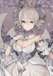  1girl armlet breasts cleavage closed_mouth demon_girl demon_horns demon_wings detached_collar dress drill_hair duel_monster earrings gloves grey_corset grey_eyes grey_hair highres horns jewelry large_breasts looking_at_viewer lovely_labrynth_of_the_silver_castle pointy_ears short_hair simple_background smile solo transparent_wings twin_drills user_tukt4745 white_dress white_gloves wings yu-gi-oh! 