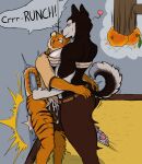 absurd_res against_surface against_wall ballbusting big_butt blush bodily_fluids bottomless bottomwear breasts brown_body brown_fur butt canid canine canis chest_wraps clothed clothing cock_and_ball_torture cum cum_drip curled_tail domestic_dog dripping duo embarrassed felid female food fruit fur genital_fluids genital_torture hand_on_butt hands_on_hips heart_symbol hi_res husky impact_lines larger_female male male/female mammal muscular muscular_female nordic_sled_dog onomatopoeia orange_(fruit) orange_body orange_fur orgasm pantherine pants plant plantigrade rafitos size_difference smaller_male sound_effects spitz striped_body stripes tail text thick_thighs tiger werecanid werecreature wraps