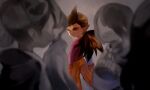  1boy blurry blurry_foreground boots brown_hair dark-skinned_male dark_skin dragon_quest dragon_quest_builders_2 gloves grey_background hair_horns hotaro_(bread_fusa) jack-o&#039;-lantern looking_at_viewer looking_back looking_to_the_side low_ponytail male_focus orange_pants pants pointy_ears ponytail profile purple_shirt red_boots red_eyes red_gloves shirt sidoh_(dqb2) solo_focus spiked_hair spot_color 