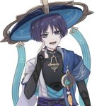  1boy akanbe anemo_symbol_(genshin_impact) aqua_gemstone arm_at_side armor belt black_belt black_bodysuit black_bow black_bridal_gauntlets blue_cape blue_hat blue_kimono blue_sleeves blunt_ends bodysuit bow bridal_gauntlets bright_pupils cape covered_collarbone delisha_lia eyelid_pull eyeliner eyeshadow feathers finger_to_cheek furisode gem genshin_impact gold hand_up hat highres index_finger_raised japanese_armor japanese_clothes jingasa juban kimono kote kurokote layered_sleeves looking_at_viewer makeup male_focus mandarin_collar open_clothes open_kimono open_mouth pom_pom_(clothes) purple_eyes purple_hair purple_rope purple_sash red_eyeliner red_eyeshadow rope sash scaramouche_(genshin_impact) short_sleeves signature solo teeth tongue tongue_out tsurime upper_body vision_(genshin_impact) wanderer_(genshin_impact) white_background white_kimono white_pupils white_sleeves wispy_bangs yellow_feathers 