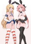  2boys :d :o absurdres animal_ears astolfo_(fate) bangs bare_shoulders bikini black_bikini black_bow black_bowtie black_gloves black_skirt black_thighhighs blonde_hair blue_eyes blue_necktie bow bowtie chastity_cage clothes_lift crossdressing crossover earrings elbow_gloves fake_animal_ears fate/grand_order fate_(series) gloves headband highres jewelry kantai_collection lamsass lifted_by_self long_hair looking_at_viewer multiple_boys necktie otoko_no_ko penis pink_eyes pink_hair rabbit_ears red_thighhighs shimakaze-kun shimakaze_(kancolle) simple_background skirt skirt_lift small_penis smile striped striped_legwear swimsuit thighhighs white_background white_gloves white_thighhighs 