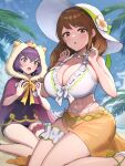  2girls :o abs adjusting_clothes adjusting_swimsuit beach bernadetta_von_varley bernadetta_von_varley_(summer) bikini blush braid braided_ponytail breast_envy breasts brown_hair cleavage fire_emblem fire_emblem:_three_houses fire_emblem_engage fire_emblem_heroes flower flower_hat frilled_bikini frilled_thigh_strap frills front-tie_top goldmary_(fire_emblem) goldmary_(summer)_(fire_emblem) gonzarez grey_eyes hair_between_eyes halterneck hands_up hat highres hood huge_breasts long_hair looking_at_viewer mole mole_on_breast multiple_girls narrowed_eyes navel ocean official_alternate_costume one-piece_swimsuit open_mouth purple_hair sarong sitting skindentation sky strap_pull swept_bangs swimsuit thigh_strap thighs white_bikini white_flower white_hat 