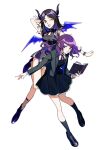  2girls black_dress black_hair black_socks blue_eyes book bracelet demon_girl demon_horns demon_wings dress fishnet_socks fishnets frilled_dress frills full_body highres holding holding_book horns idolmaster idolmaster_shiny_colors jewelry ka3ann loafers miniskirt mitsumine_yuika multiple_girls neck_ribbon official_alternate_costume open_mouth purple_eyes purple_hair ribbon shoes skirt smile socks studded_bracelet tanaka_mamimi white_background wings 